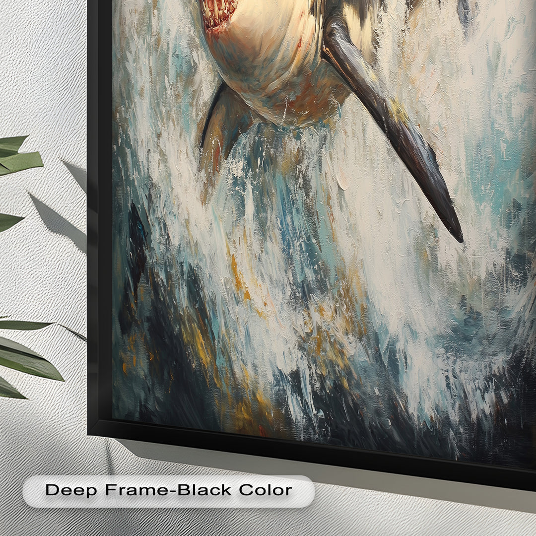 Ferocious Great White Shark Leaping Through Waves - Animal Oil Painting