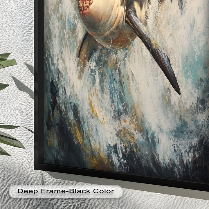 Ferocious Great White Shark Leaping Through Waves - Animal Oil Painting