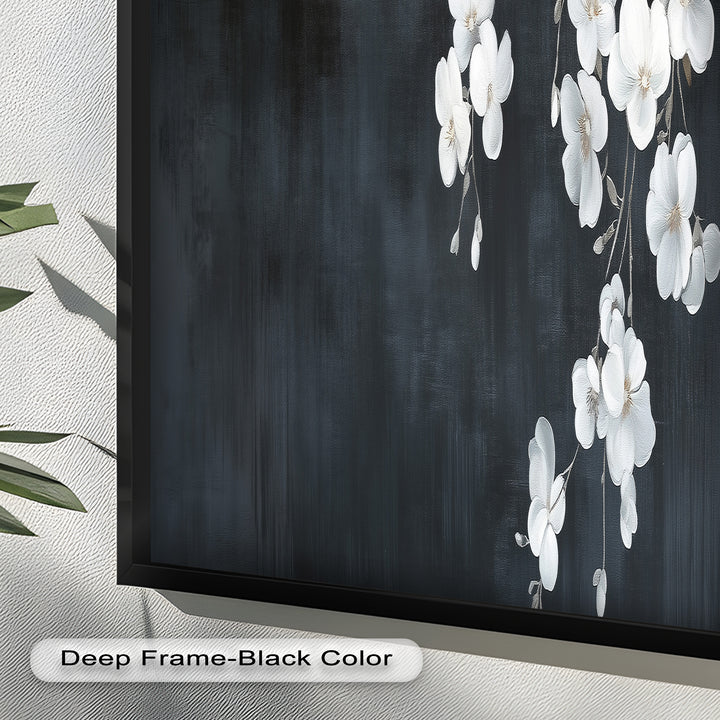 White Cherry Flowers on Midnight Blue - Flower Oil Painting