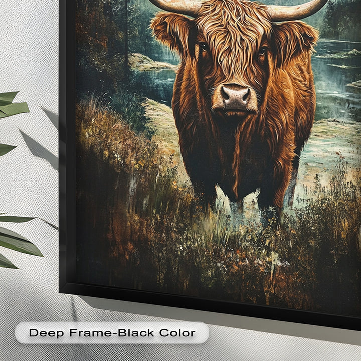 Highland Cow in Misty Pines – Wilderness Oil Painting