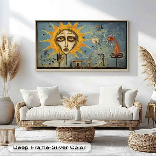 Undulating with vibrant energy, the 'Solar Mindscape' oil painting art piece captures a surreal sun-face and dreamlike symbols in a dynamic, Picasso-inspired style.