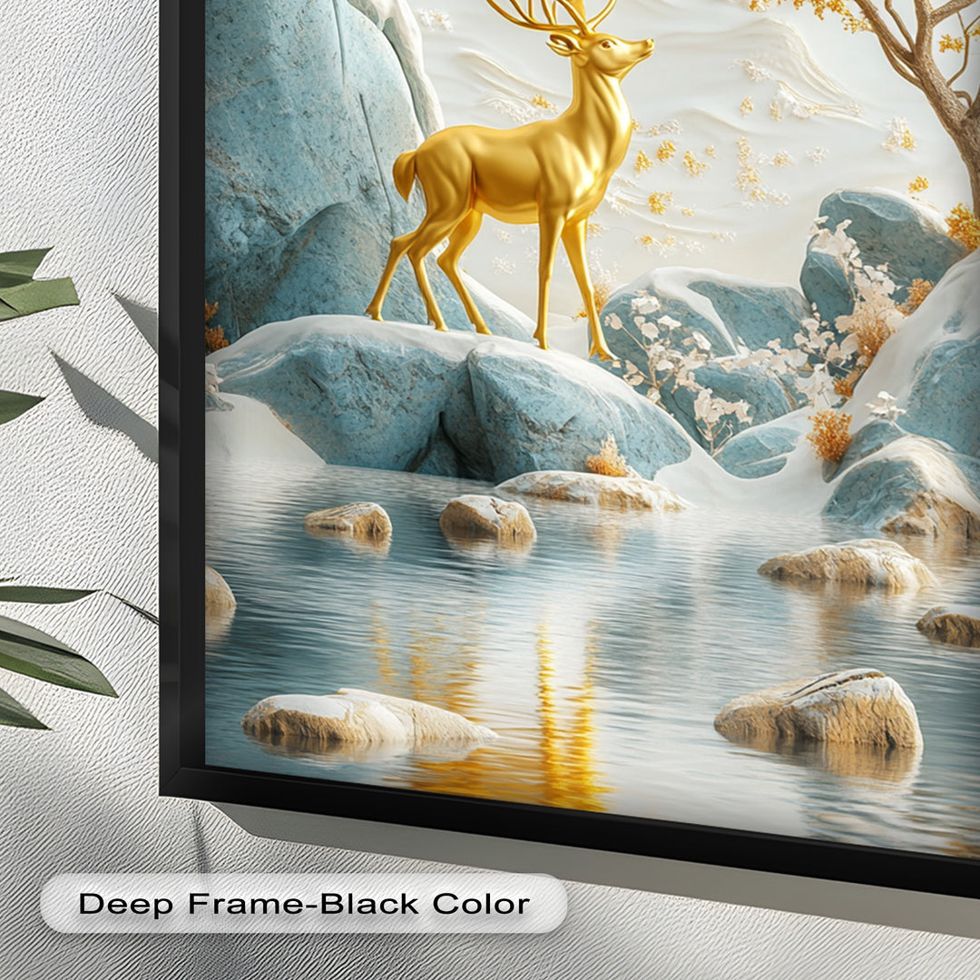 Golden Deer in Snowy Mountain - Animal Oil Painting