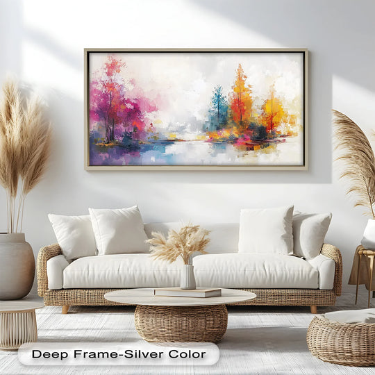 Warm and cool tones meet in this dreamscape grove colorful landscape abstract oil painting reproduction print, creating a vibrant, balanced color temperature.
