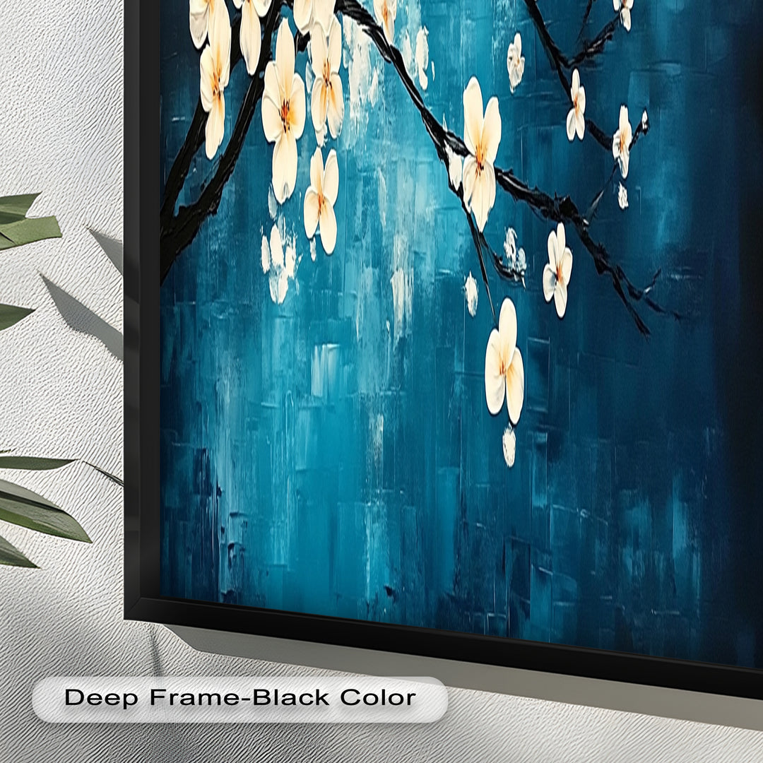 White Blossoms on Blue Wall Art – Floral Oil Painting