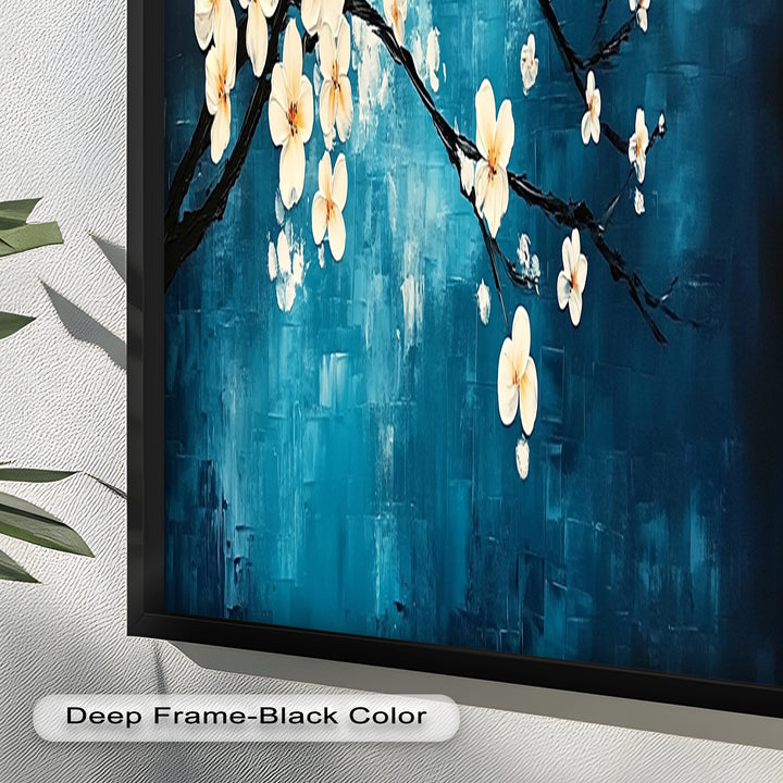 White Blossoms on Blue Wall Art – Floral Oil Painting