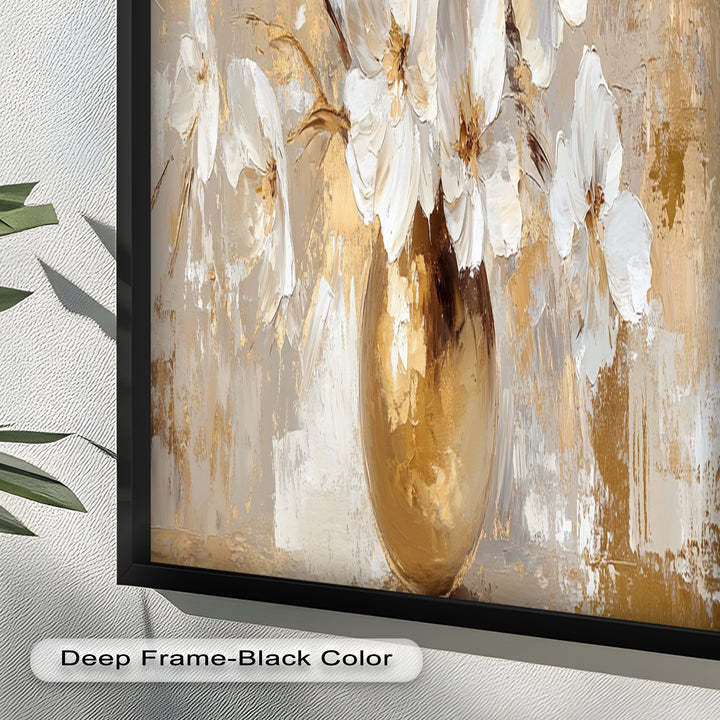 Golden Vase with White Florals – Flower Oil Painting