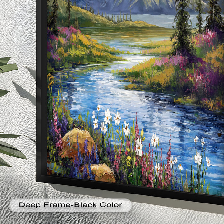 Vintage Mountains & River – Framed Oil Painting