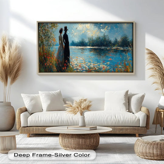 Vivid color contrast highlights the cool blues of the water against the warm reds and greens of the foliage in this Romantic Riverside oil painting art prints.