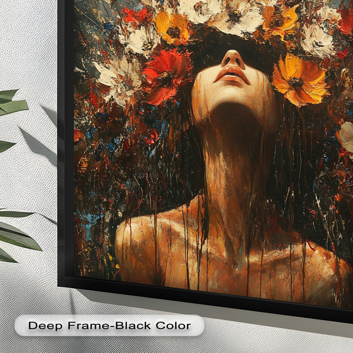 Floral Rebirth – Woman with Blossoming Crown Abstract Oil Painting