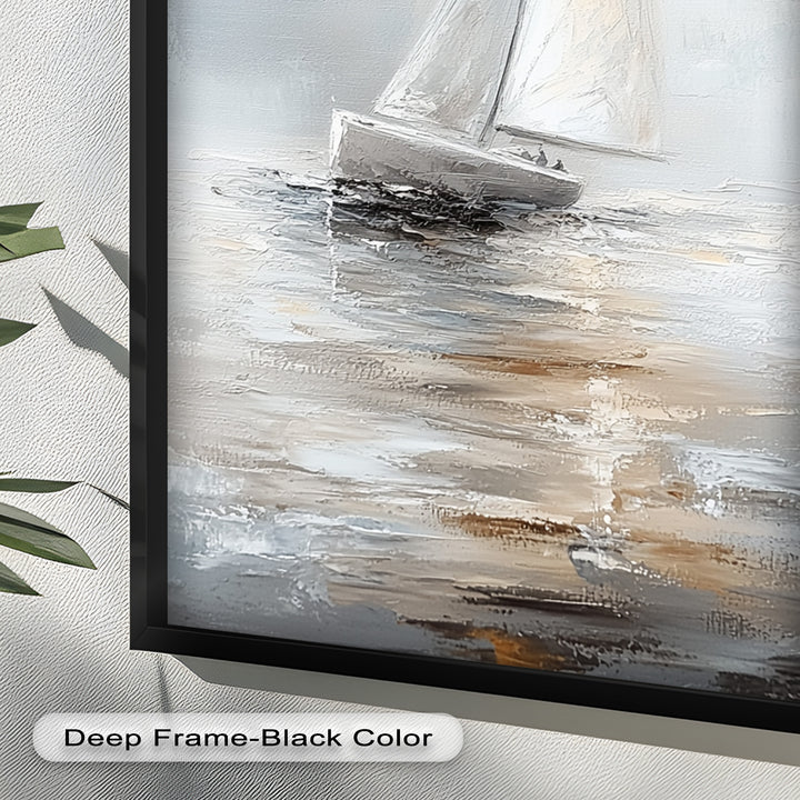 Sailing Through the Mist – White Boat Oil Painting