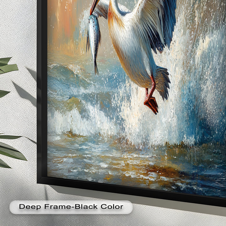 Pelican Catching Fish in Ocean Surf – Animal Oil Painting