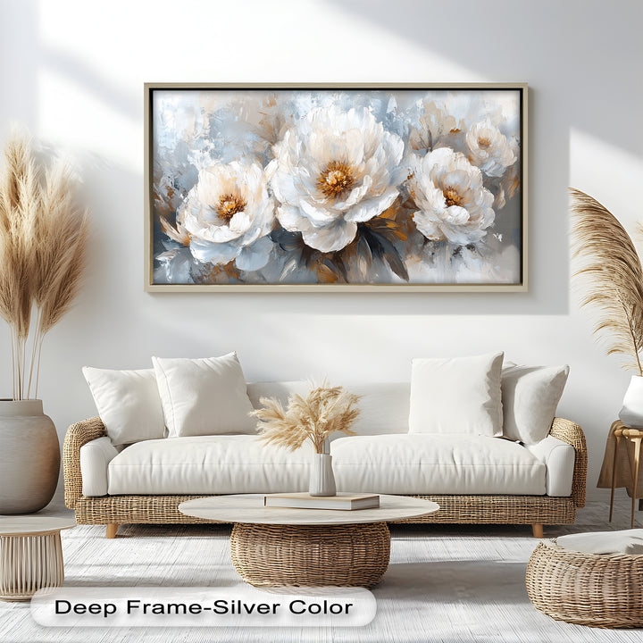White Petals on Soft Neutral Background - Flower Oil Painting