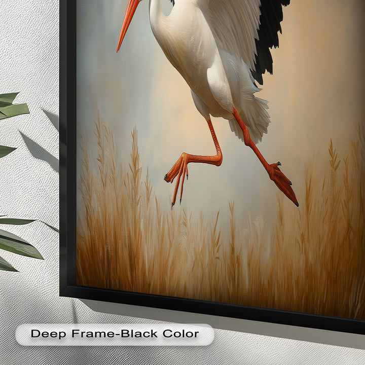 Stork in Flight over Golden Grasses – Animal Oil Painting