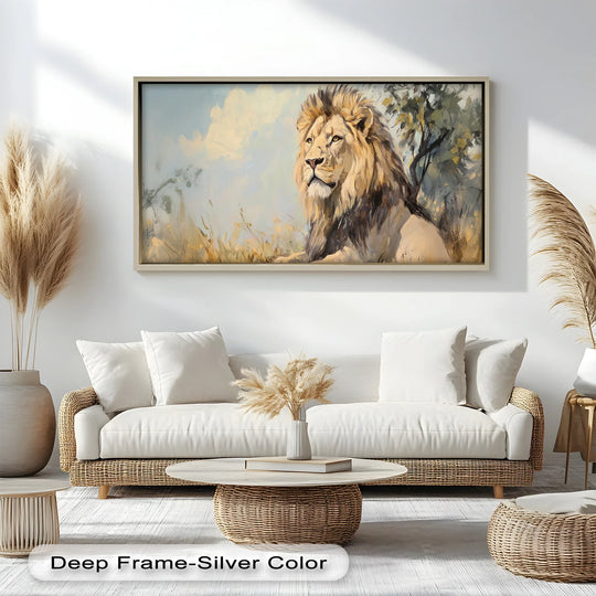 Organic forms accentuate the lion beneath the African sky, an oil painting art piece, with a naturalistic and flowing composition that brings wildlife beauty to life.