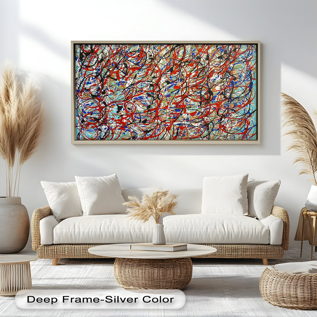 A dynamic abstract expressionist painting filled with chaotic swirls of red, black, blue, and white over a textured background.

