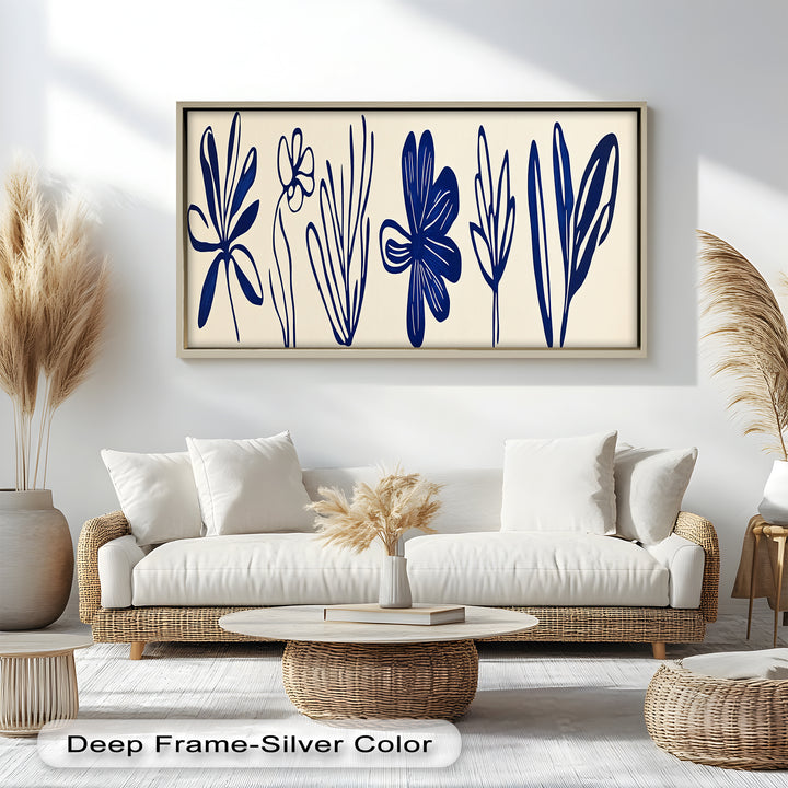 Indigo Bloom Line Art – Minimalistisches florales Ölgemälde