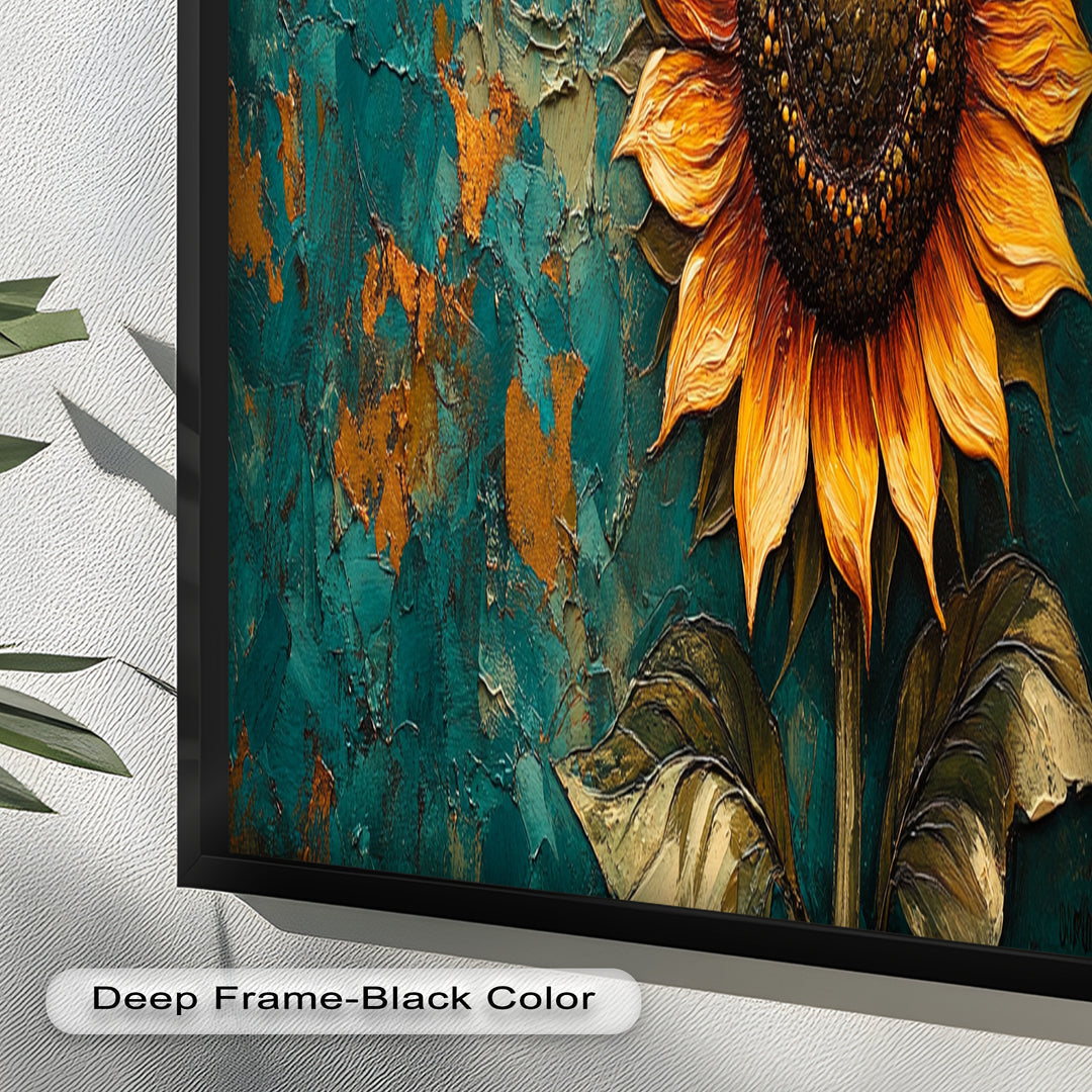 Sunflower on Textured Teal - Flower Oil Painting
