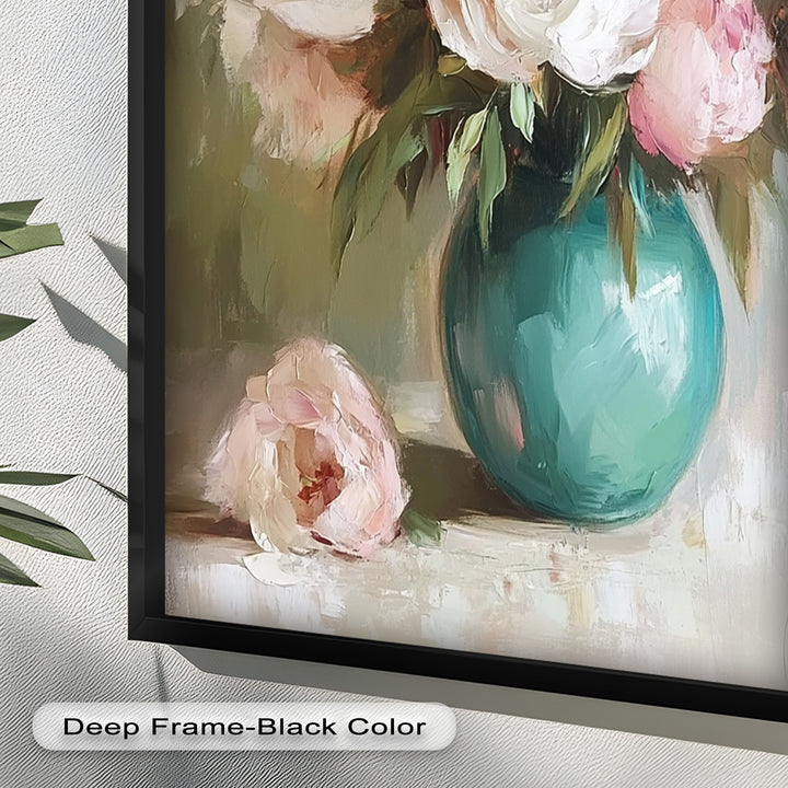 Blushing Peonies in Jade Vase – Romantic Flower Oil Painting
