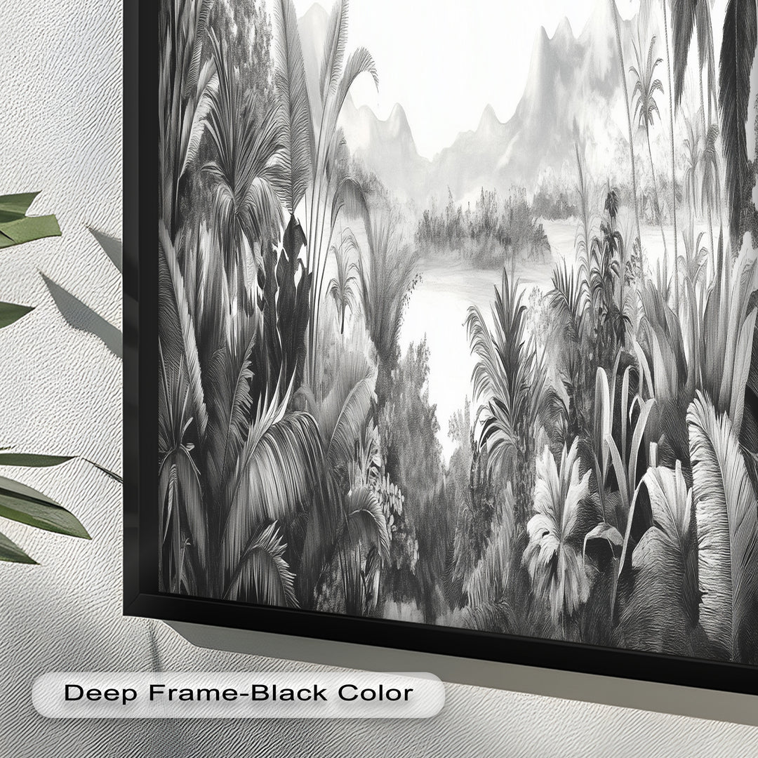Schwarz-weiße Dschungel-Wandkunst – Tropisches Natur-Ölgemälde