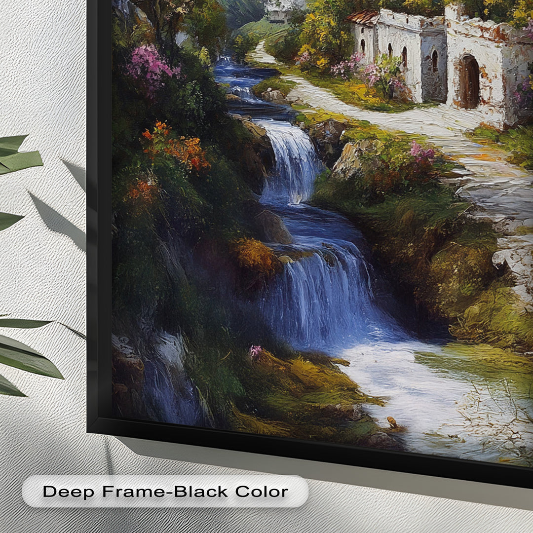 Mountain Abbey by the Falls – Serene Renaissance Oil Painting