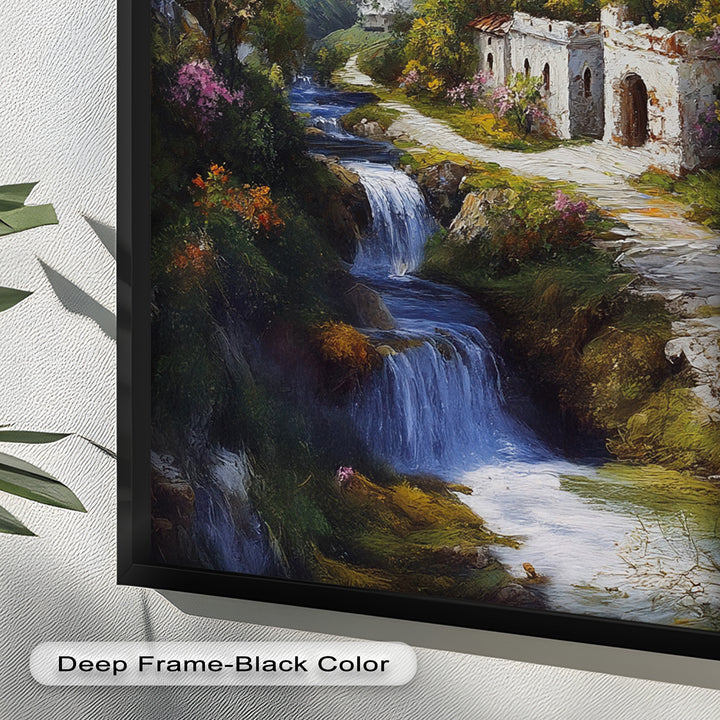 Mountain Abbey by the Falls – Serene Renaissance Oil Painting