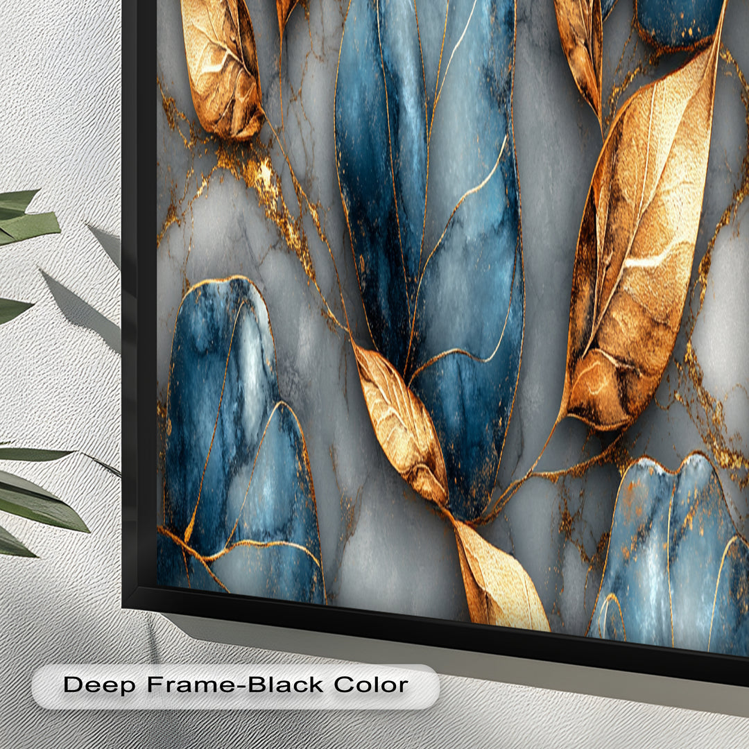 Golden Blue Marble Leaves – Botanical Oil Painting