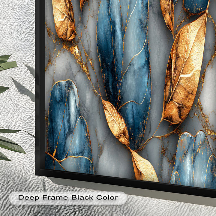 Golden Blue Marble Leaves – Botanical Oil Painting