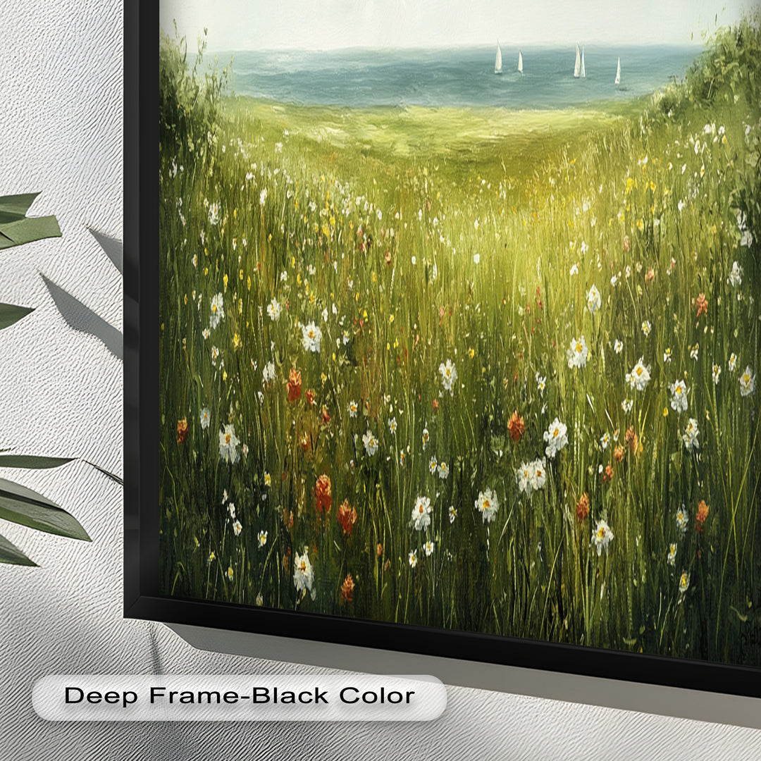 Wildflower Meadow Sea View Wall Art–Coastal Oil Painting