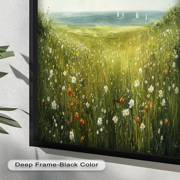 Wildflower Meadow Sea View Wall Art–Coastal Oil Painting