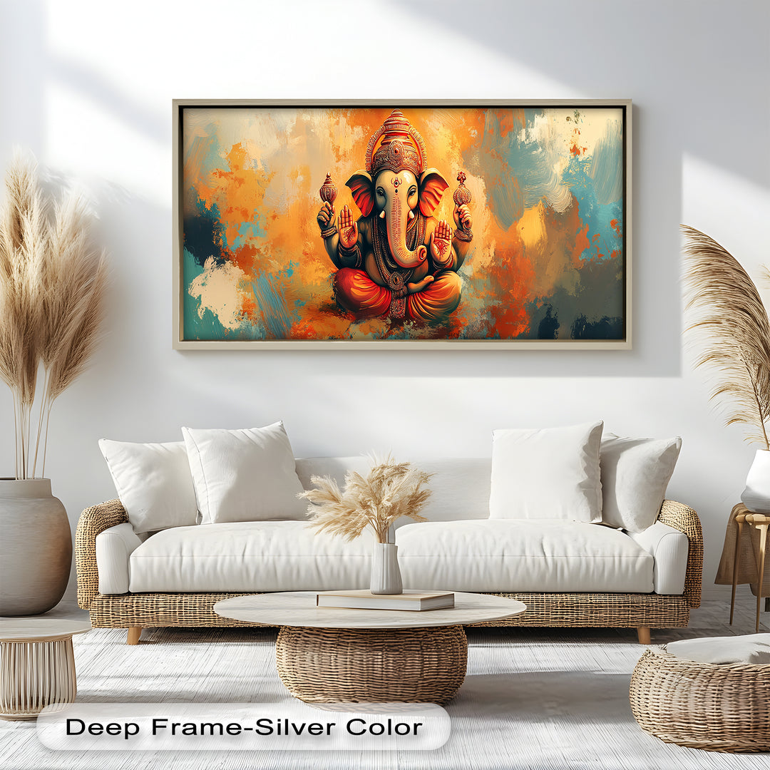 A vivid and colorful depiction of Lord Ganesha seated in a blessing pose, surrounded by abstract strokes of orange, gold, and blue.

