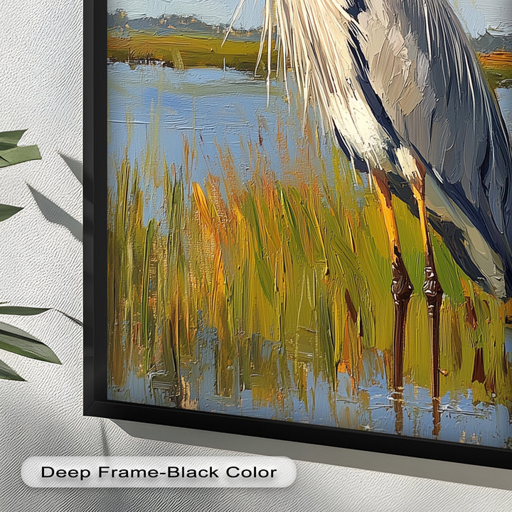 Heron in Sunlit Wetlands – Modern Oil Painting
