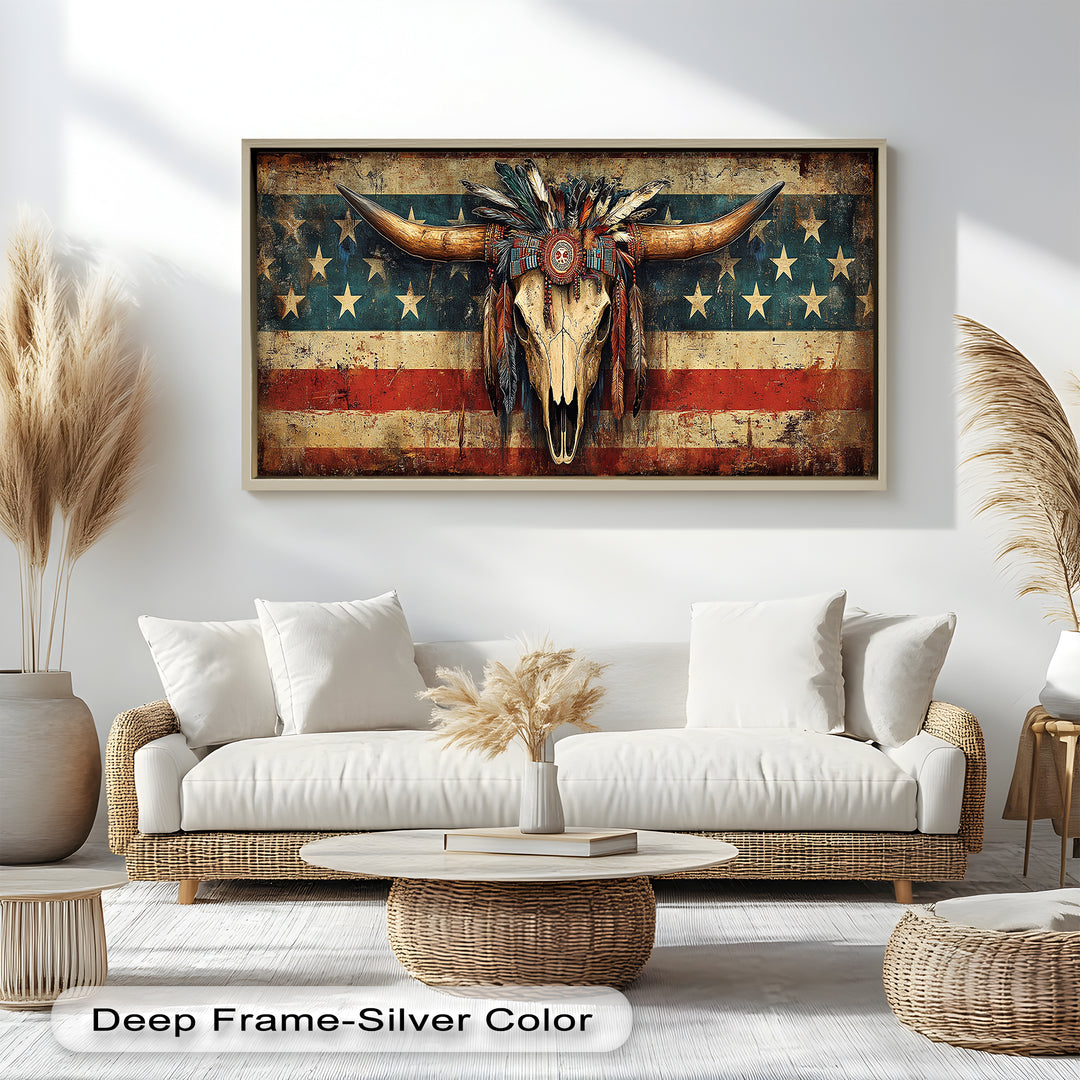 Tribal Longhorn Totenkopf mit Kopfschmuck – Amerikanisches Ölgemälde