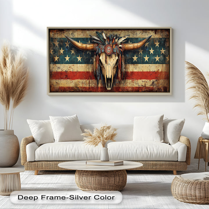Tribal Longhorn Totenkopf mit Kopfschmuck – Amerikanisches Ölgemälde