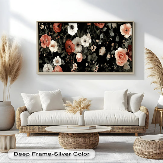 A vintage-inspired floral pattern featuring soft white, blush, and red blooms on a deep black background with muted green leaves.