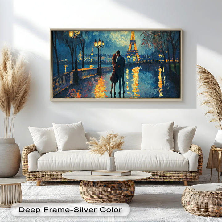 Eiffel Glow – Lovers Embrace by the Seine Love Oil Painting