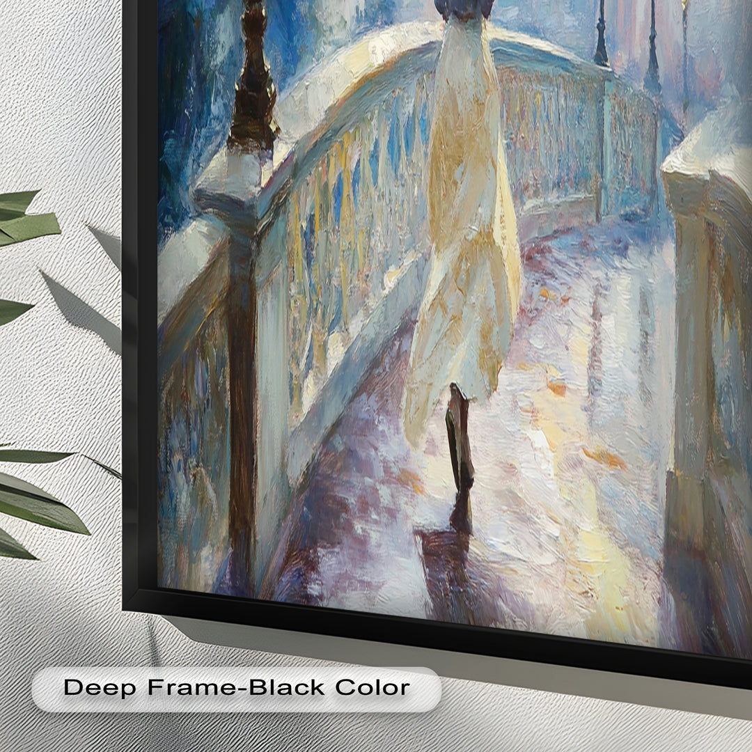 Woman with Umbrella on Cobblestone Bridge – Oil Painting