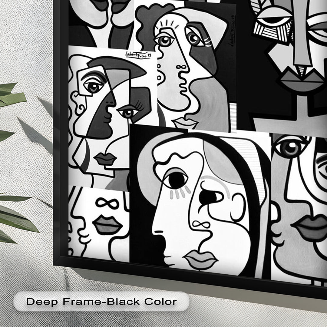 Monochrome Muse – Picasso-inspiriertes Ölgemälde mit kubistischen Gesichtern