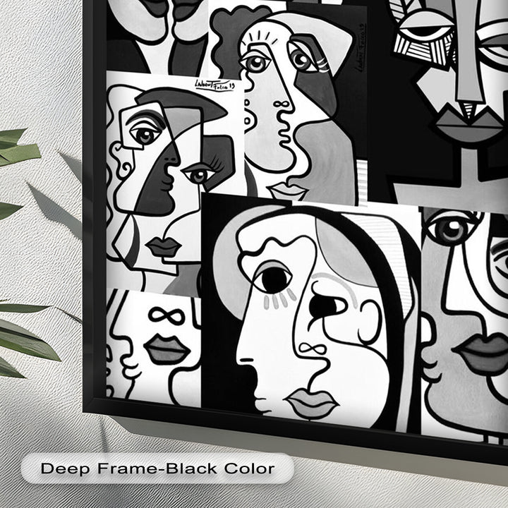 Monochrome Muse – Picasso-inspiriertes Ölgemälde mit kubistischen Gesichtern