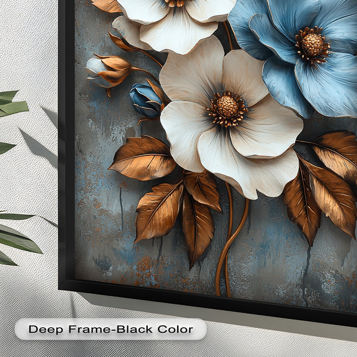 Gilded Petals – Luxuriöses Ölgemälde mit weißen und blauen Blumen