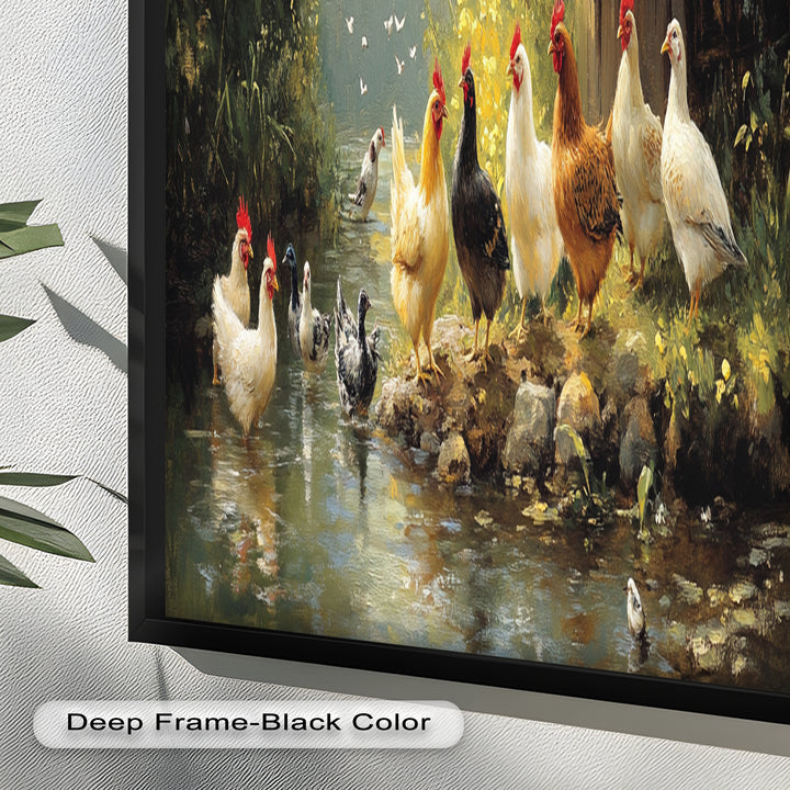 Country Farmyard Chickens by the Stream – Animal Oil Painting
