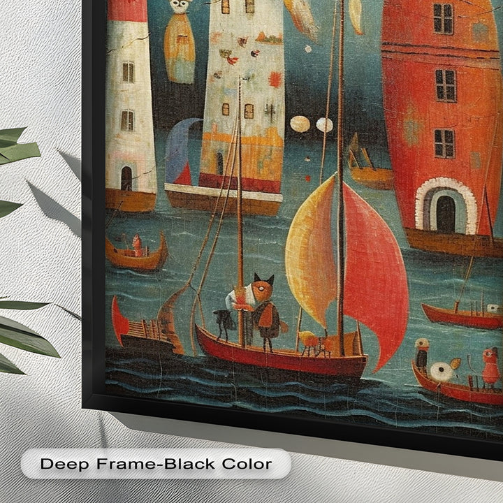Moonlit Harbor Parade – Surreal Cat and Owl Fantasy Oil Painting