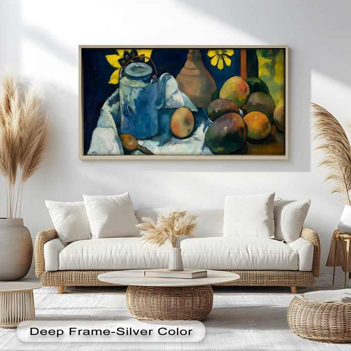 Rustikales Stillleben mit Mangos und Teekanne – Food Paintings