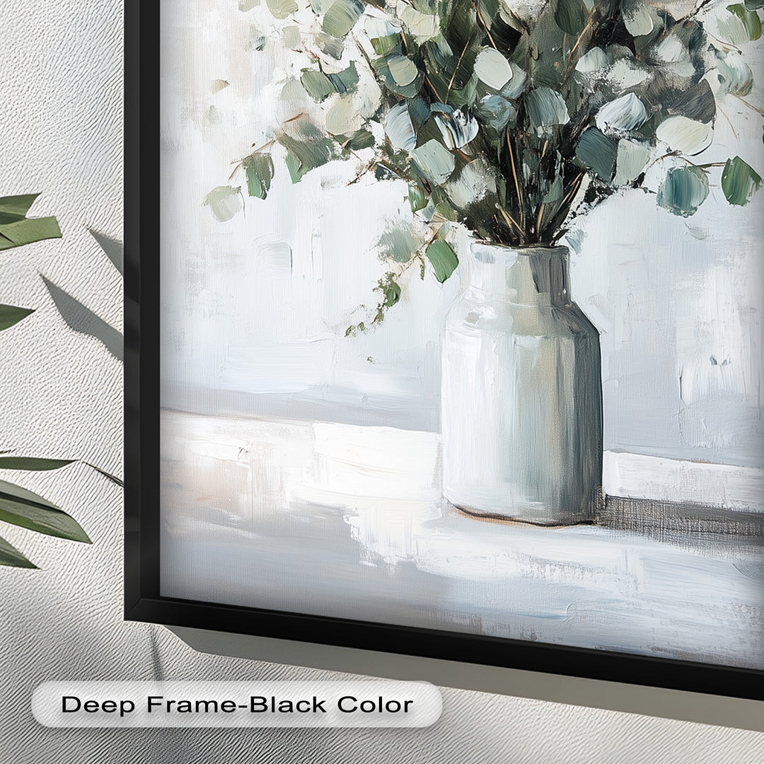 Eucalyptus Essence – Minimalist Greenery in Ceramic Vase Oil Painting