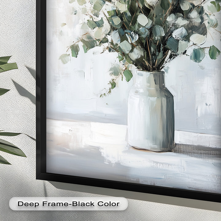 Eucalyptus Essence – Minimalist Greenery in Ceramic Vase Oil Painting