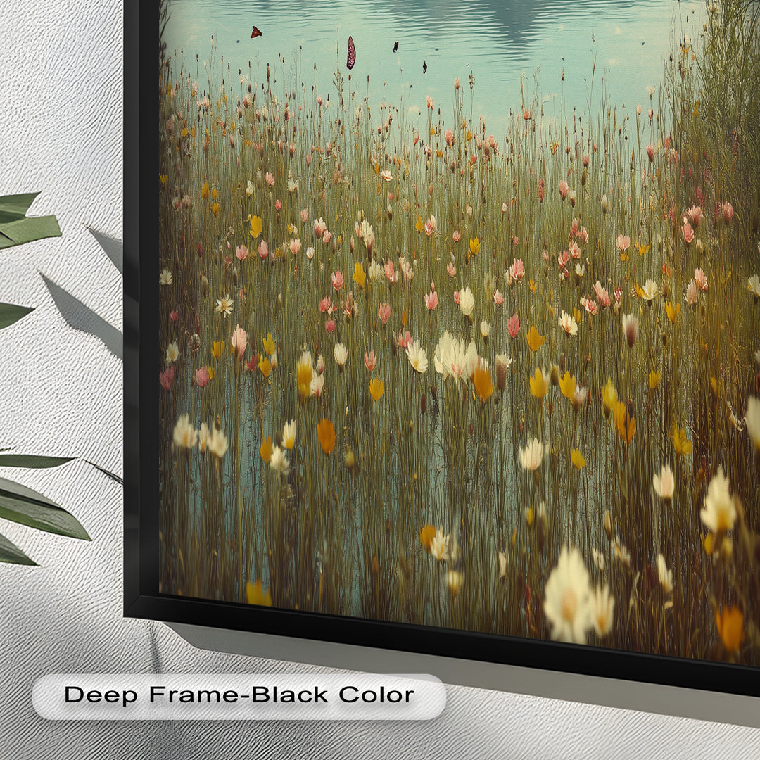 Butterfly Bloom by the Lake – Framed Oil Painting