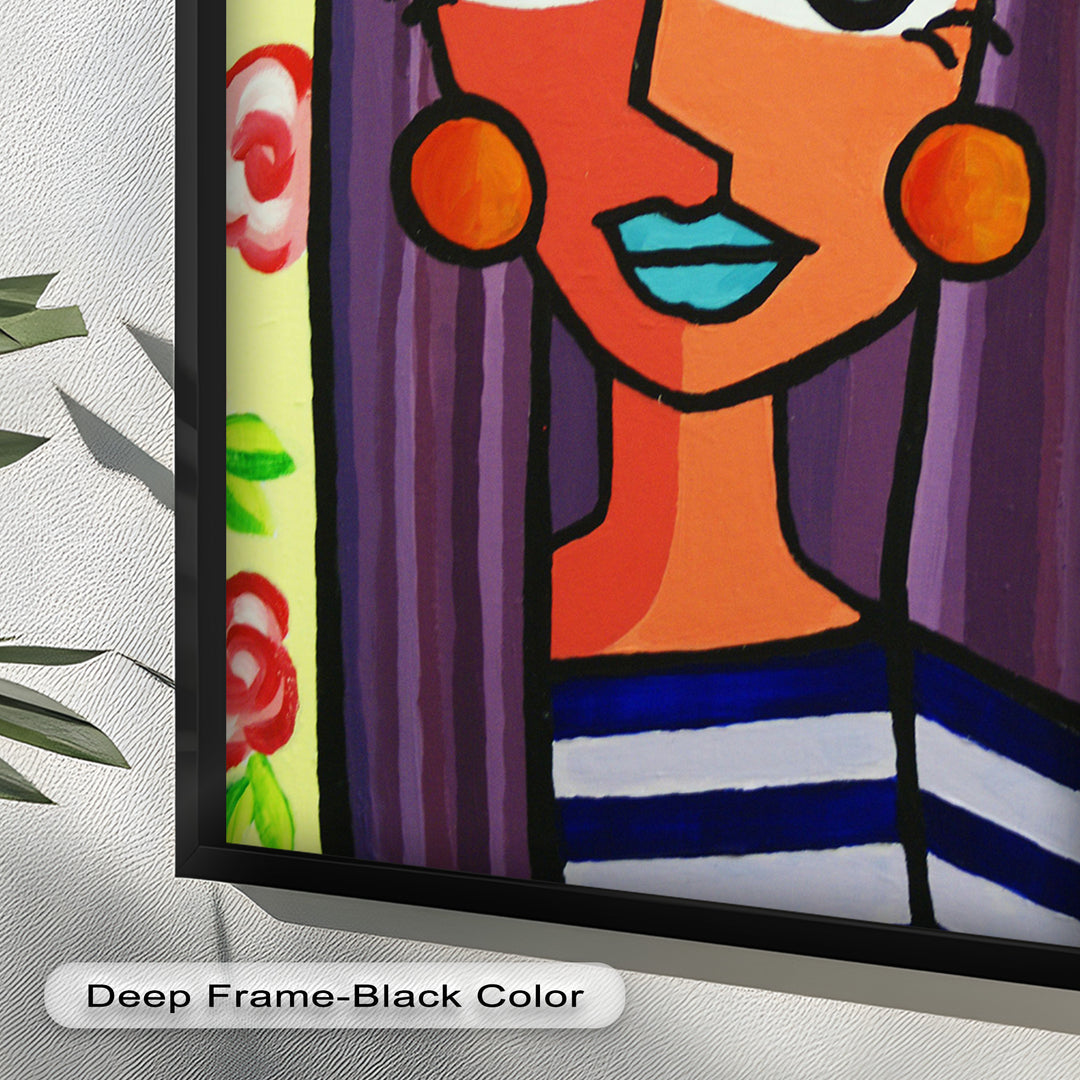 Striped Radiance – Playful Woman with Purple Hair Picasso Oil Painting