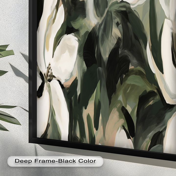 Cream Blooms in Forest Green - Flower Oil Painting