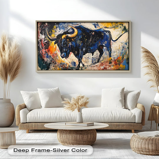 Dynamic brushstrokes capture the fierce bull's power, giving this abstract oil painting decoration a sense of raw movement.