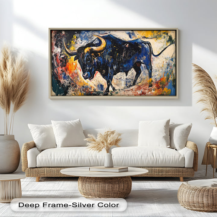 Fierce Blue Bull in Motion – Abstract Oil Painting