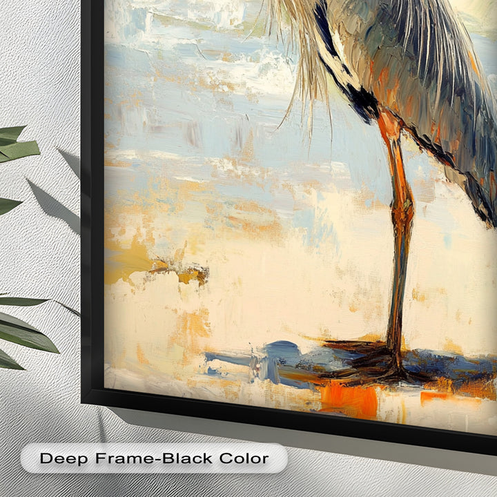 Elegant Heron Standing on Shoreline – Framed Oil Painting